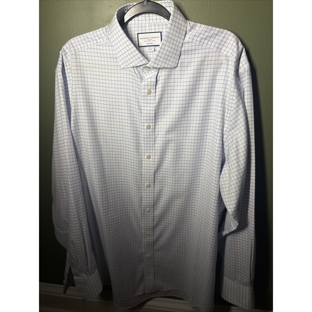 Charles Tyrwhitt Dress Shirt Mens 17.5 36 Classic Fit Non-Iron Blue White Check